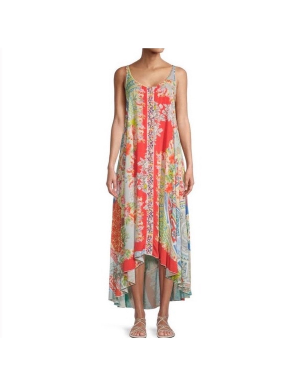 Johnny Was Kara 100% Silk Large maxi dress mixed print colorful tank embroidered